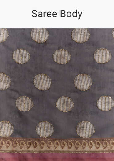 Grey Linen Saree With Authentic Ajrakh Print And Kantha Work