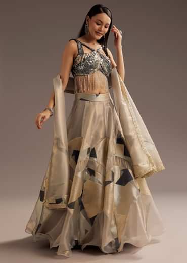 Grey Lurex Glitter Lehenga With Organza Dupatta