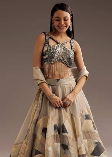 Grey Lurex Glitter Lehenga With Organza Dupatta