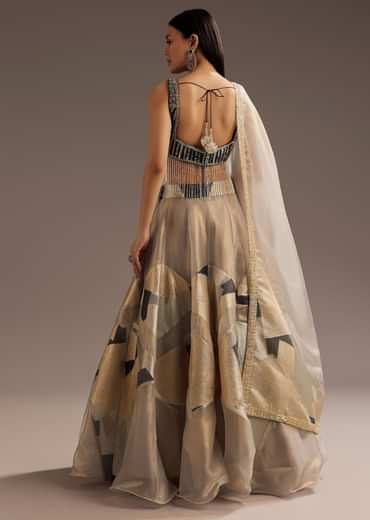 Grey Lurex Glitter Lehenga With Organza Dupatta