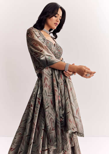 Grey Mirror Work Organza Tissue Lehenga Choli With Dupatta