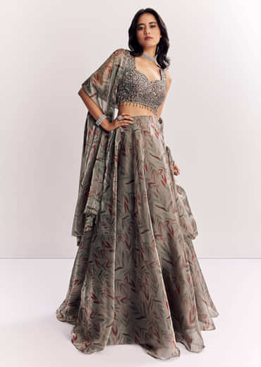 Grey Mirror Work Organza Tissue Lehenga Choli With Dupatta