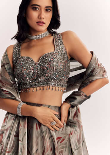 Grey Mirror Work Organza Tissue Lehenga Choli With Dupatta