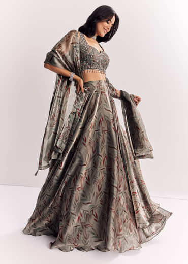 Grey Mirror Work Organza Tissue Lehenga Choli With Dupatta