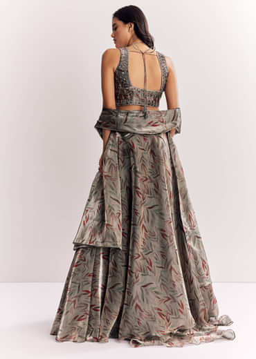 Grey Mirror Work Organza Tissue Lehenga Choli With Dupatta