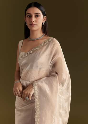 Grey Organza Embroidered Saree With Scallop Border