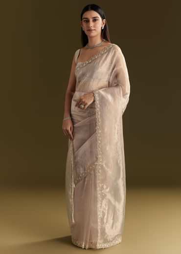 Grey Organza Embroidered Saree With Scallop Border