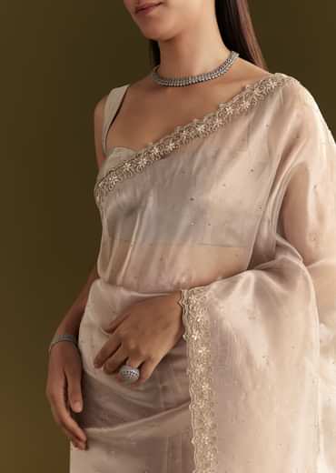 Grey Organza Embroidered Saree With Scallop Border