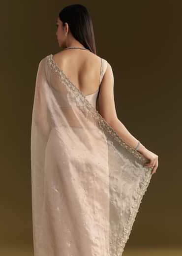 Grey Organza Embroidered Saree With Scallop Border