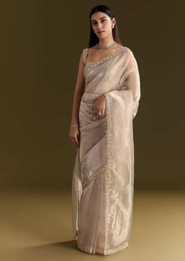 Grey Organza Embroidered Saree With Scallop Border