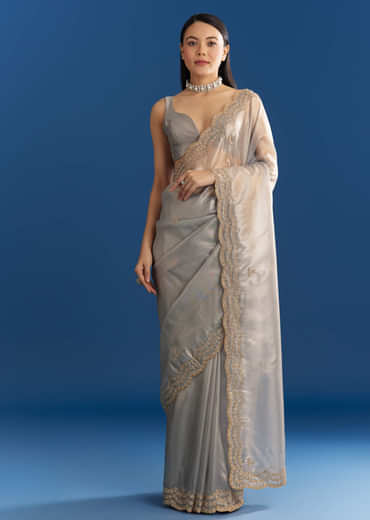 Grey Organza Tissue Saree With Embellished Scallop Border
