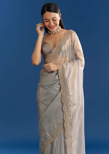 Grey Organza Tissue Saree With Embellished Scallop Border