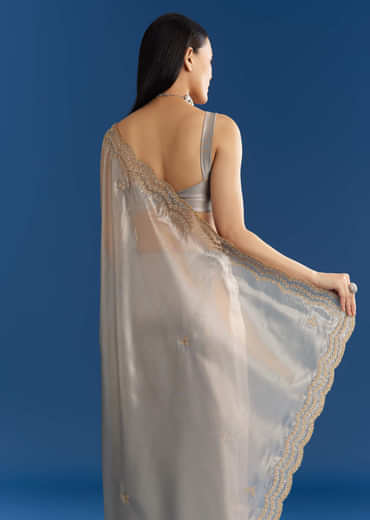 Grey Organza Tissue Saree With Embellished Scallop Border