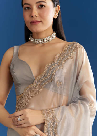 Grey Organza Tissue Saree With Embellished Scallop Border
