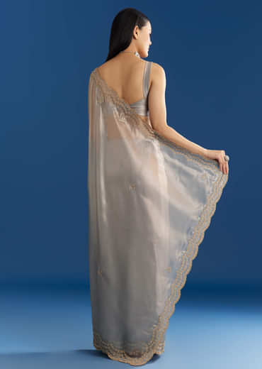 Grey Organza Tissue Saree With Embellished Scallop Border
