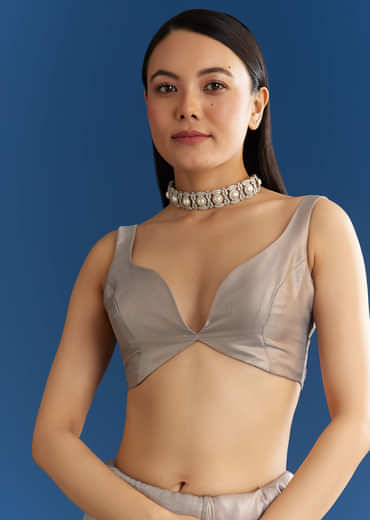 Grey Organza Tissue Saree With Embellished Scallop Border