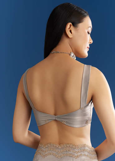 Grey Organza Tissue Saree With Embellished Scallop Border