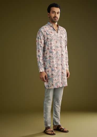 Grey Pashmina Silk Kurta Set With Floral Print
