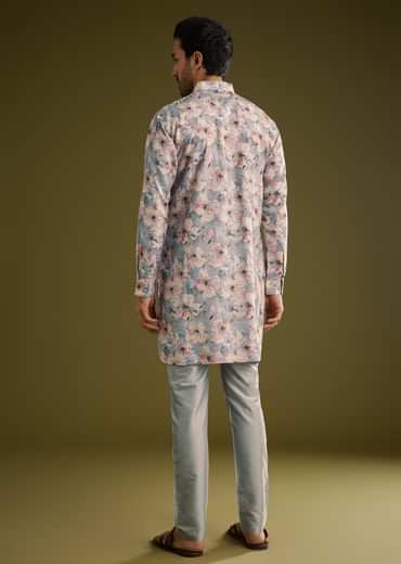 Grey Pashmina Silk Kurta Set With Floral Print