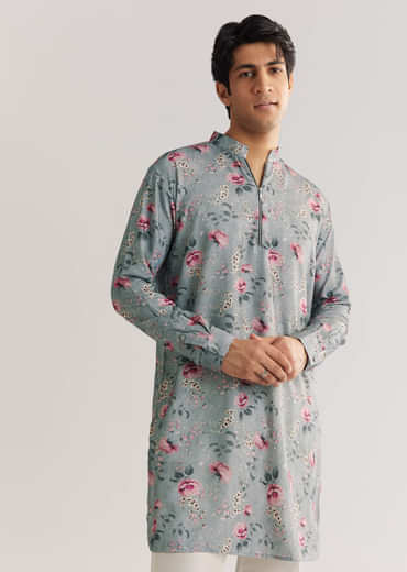 Grey Pashmina Zipper Kurta Set With Floral Prints