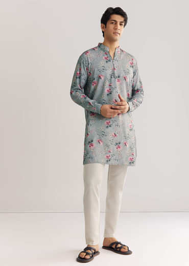 Grey Pashmina Zipper Kurta Set With Floral Prints
