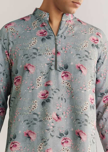 Grey Pashmina Zipper Kurta Set With Floral Prints
