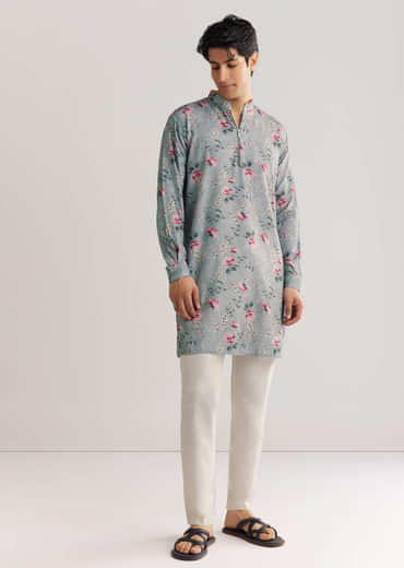Grey Pashmina Zipper Kurta Set With Floral Prints