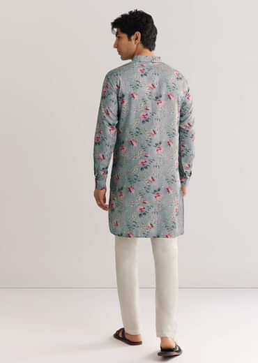 Grey Pashmina Zipper Kurta Set With Floral Prints