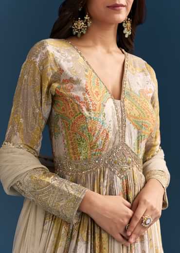 Grey Printed Chinon Anarkali Suit With Zari Work