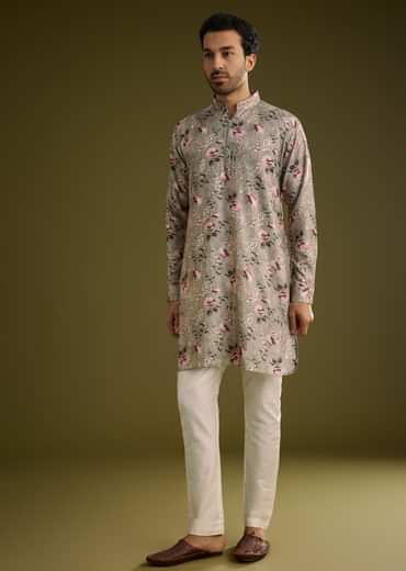 Grey Printed Kurta Set In Russian Silk With Zipper