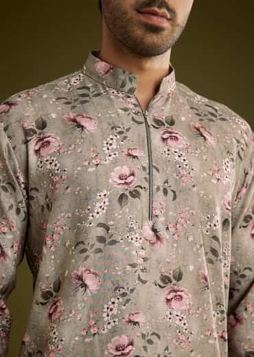 Grey Printed Kurta Set In Russian Silk With Zipper