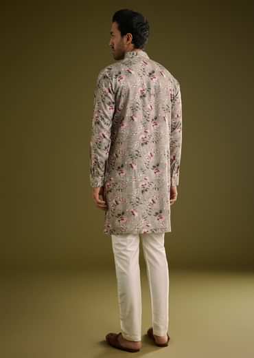 Grey Printed Kurta Set In Russian Silk With Zipper