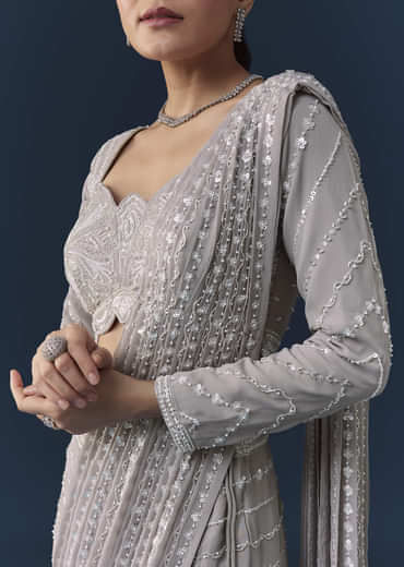 Grey Ready Pre Pleated Saree with Resham Blouse