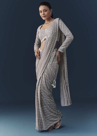 Grey Ready Pre Pleated Saree with Resham Blouse