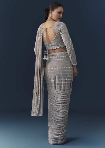 Grey Ready Pre Pleated Saree with Resham Blouse