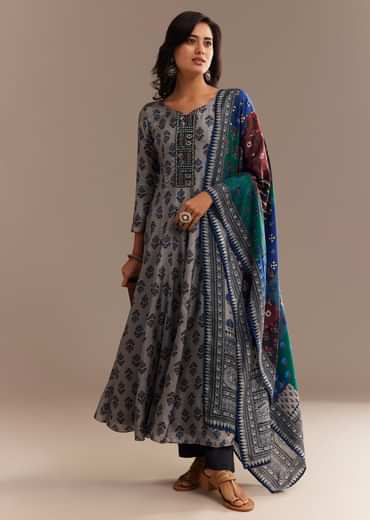Grey Roman Silk Printed Anarkali Set