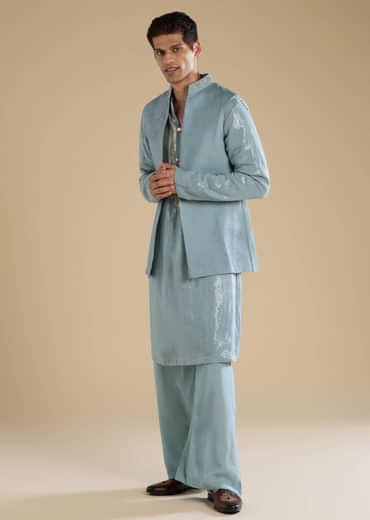 Grey Sequin Embellished Kurta and Jacket Set