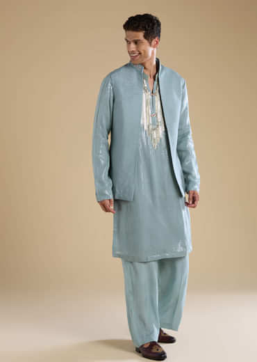 Grey Sequin Embellished Kurta and Jacket Set