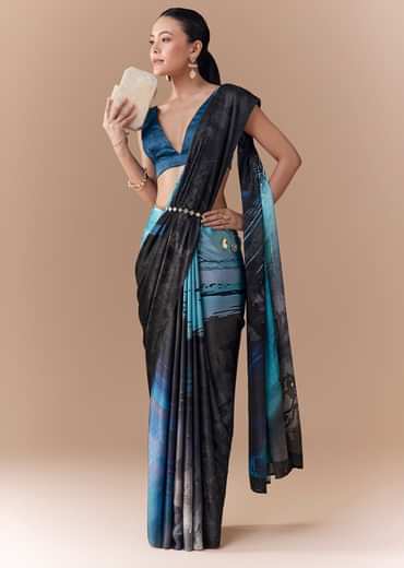 Grey Shaded Printed Satin Saree with Blouse Fabric