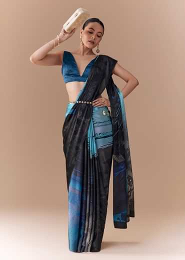 Grey Shaded Printed Satin Saree with Blouse Fabric