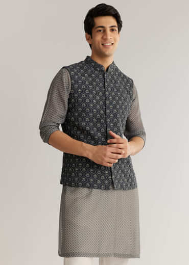 Grey Silk Cutdana Sequins Kurta Jacket Set