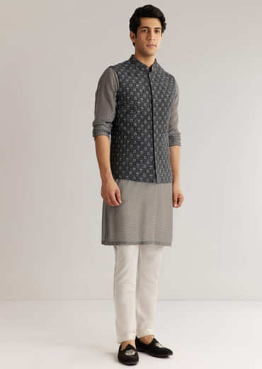 Grey Silk Cutdana Sequins Kurta Jacket Set
