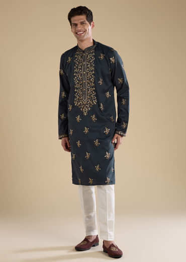 Grey Silk Embellished Mens Kurta and Pant Set