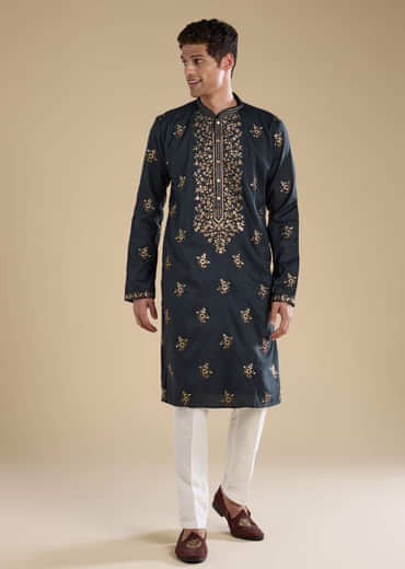 Grey Silk Embellished Mens Kurta and Pant Set