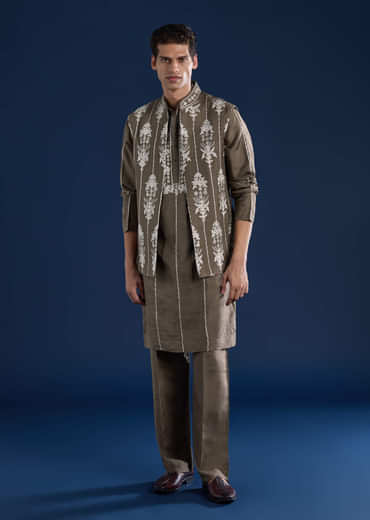 Grey Silk Jacket Kurta Set with Zari Work