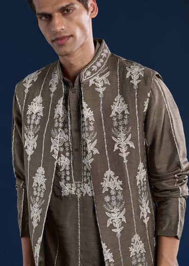 Grey Silk Jacket Kurta Set with Zari Work