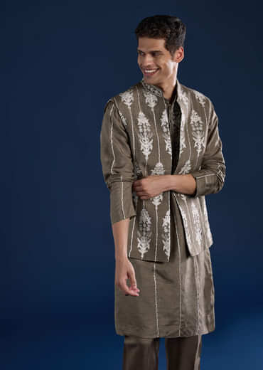 Grey Silk Jacket Kurta Set with Zari Work
