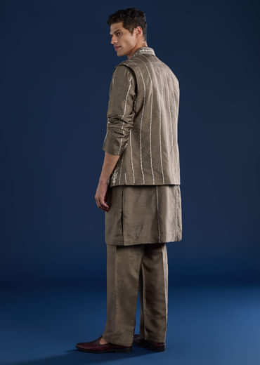 Grey Silk Jacket Kurta Set with Zari Work