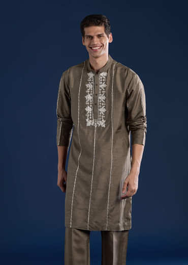 Grey Silk Jacket Kurta Set with Zari Work