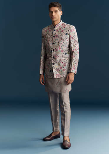 Grey Silk Kurta Jacket Set For Men With Floral Print And Sequins